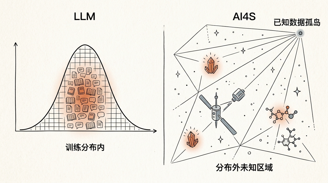 数据分布对比:LLM训练分布内 vs AI4S分布外未知区域